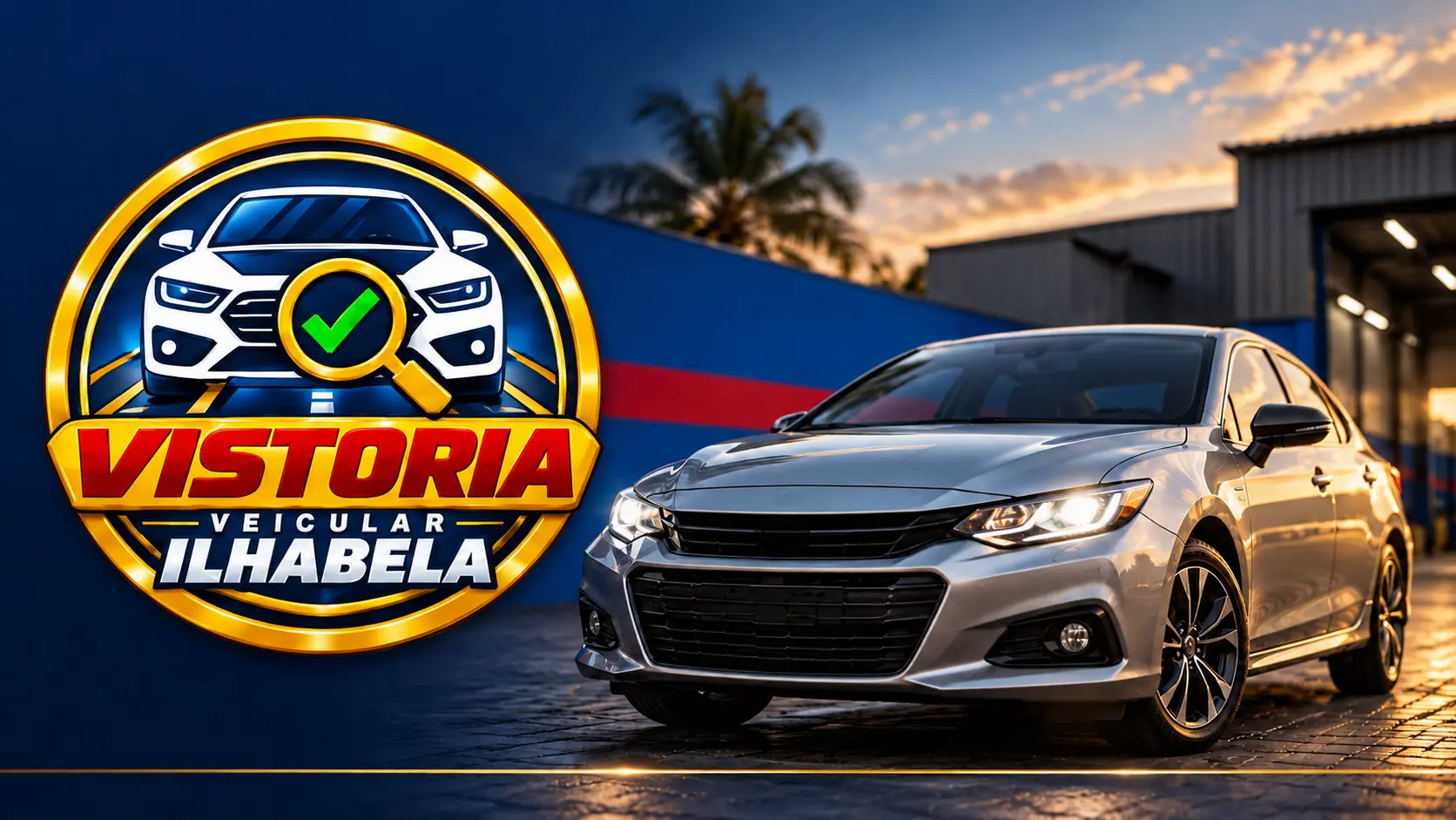 Composição publicitária da Vistoria Veicular Ilhabela, com emblema da empresa e carro em frente à unidade